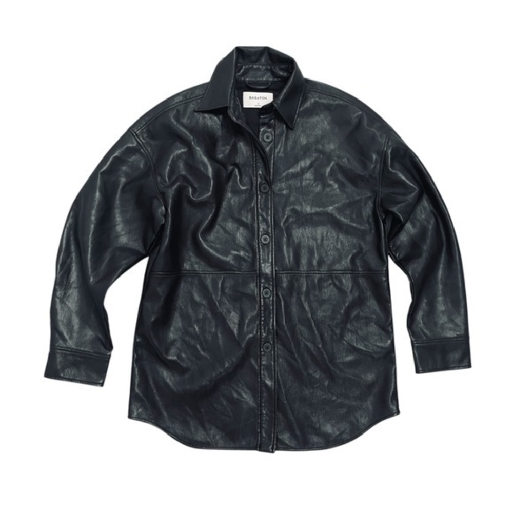 BABATON Pelli Black Faux Leather Button-Up Shirt Jacket Oversized Fit Size Small